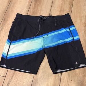 Rip Curl Men's Black Swim Shorts with Blue and Aqua Stripes